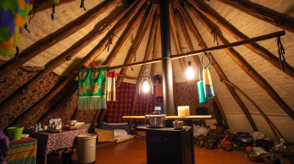 Чум изнутри.
Всё на своих местах: котёл на печке, посуда сложена, шкуры аккуратно убраны. Северный порядок — без лишнего, но с душой.