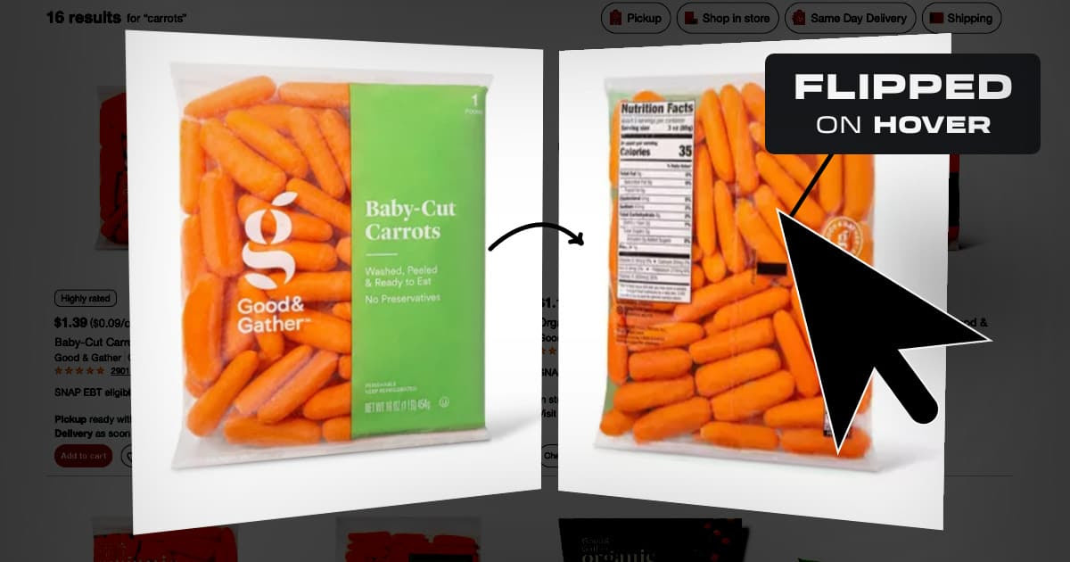 При наведении курсора на товар изображается задняя сторона упаковки, как если бы сам покупатель перевернул продукт