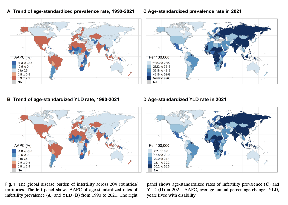 Рис. 1. Карта распространенности бесплодия в 2021 году (красный — высокие показатели, зеленый — низкие).