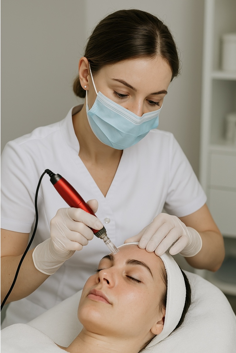Косметолог выполняет процедуру с помощью дермопена.