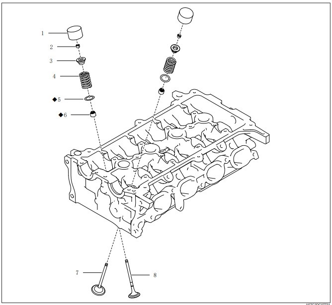 1. Толкатель клапана
2. Сухарь клапана
3. Тарелка пружины клапана
4. Пружина клапана
5. Прокладка пружины клапана
6. Маслосъемный колпачок клапана
7. Впускные клапаны
8. Выпускные клапаны
