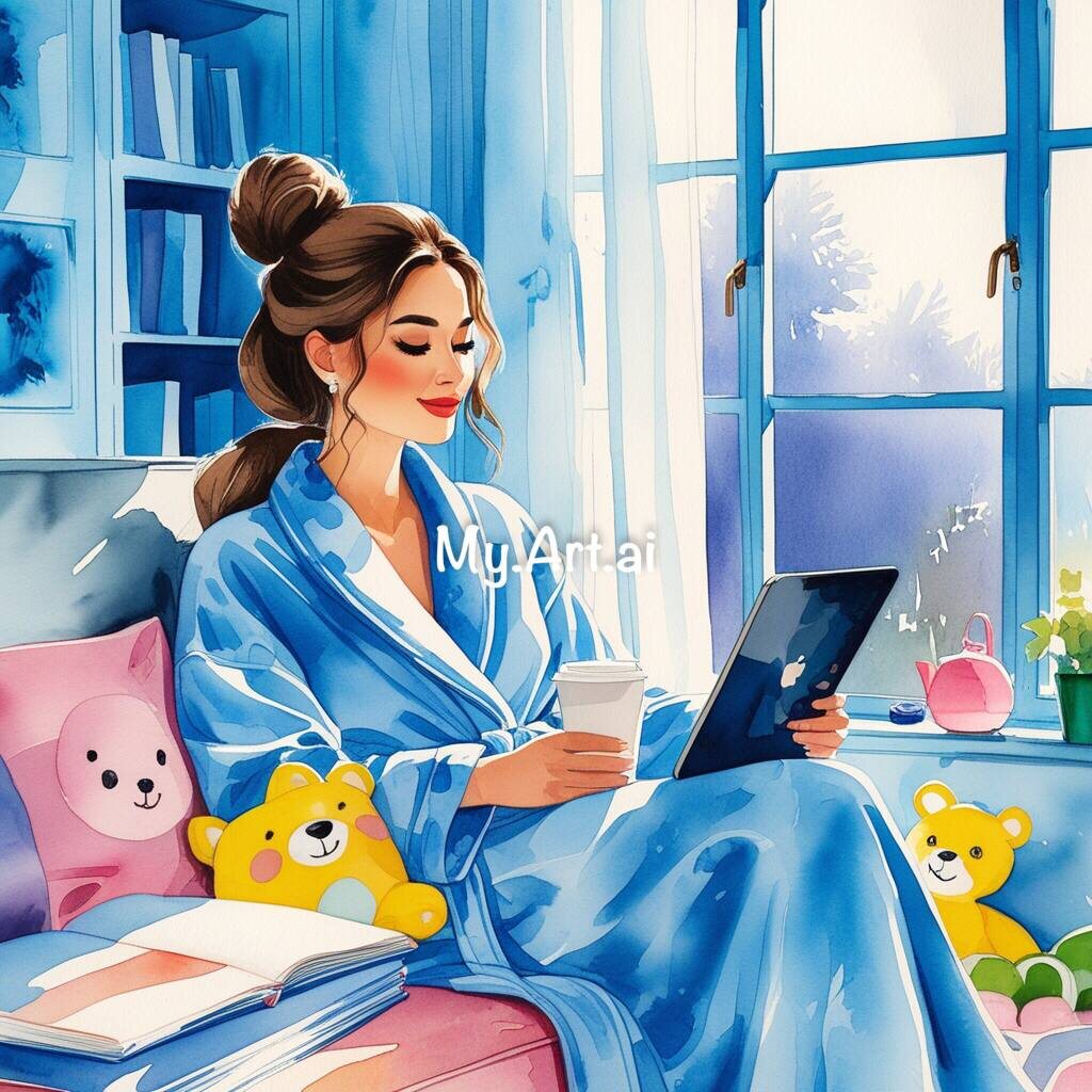 Иллюстрация к промту: утро молодая мама в пижаме 