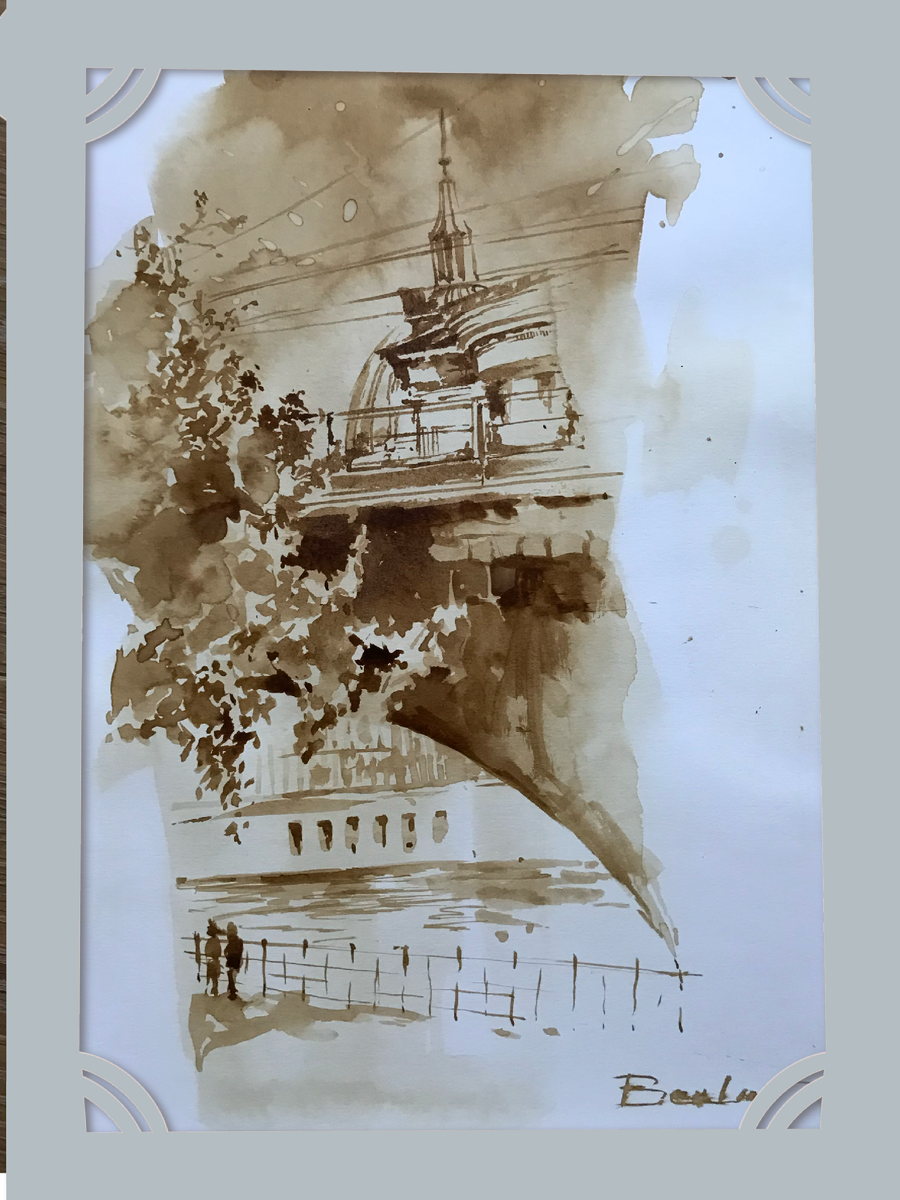 Как одним словом определить настроение улицы? Например, Берлин — какой он? Грубоватый ? Динамичный? Лиричный? Или, может, контрастный — где стеклянные небоскрёбы соседствуют с разрушенными фасадами?  Да, контрастный, пожалуй, самое подходящее слово.  Домашний и в тоже время безлюдный. Двойственный. 
Этот город запомнился мне солнцем. Оно застенчиво заглядывало в окно, будто извинялось за вторжение. За окном арендованных на пять дней апартаментов был палисадник, совсем такой как у моего отца на даче. Знаете, бывают такие у неопытных дачников?
  Открываешь окно. А за окном несколько цветущих деревьев и роза в окружении  банальных ромашек. Видимо из-за такого соседства ей совсем не хотелось цвети
Был еще кот.  Он приходил в комнату через открытое окно палисадника. По хозяйски располагался на столе рядом с кофе и начинал мурлыкать.
Кстати, знаете, что кофе можно рисовать? 
Рецепт:
Пару ложек растворимого кофе заливаем  небольшим количеством воды. Оставляем на ночь. Берем кисть и рисуем. Разбавляем водой полученный раствор для более светлых оттенков, а полученной густой массой рисуем, как гуашью.