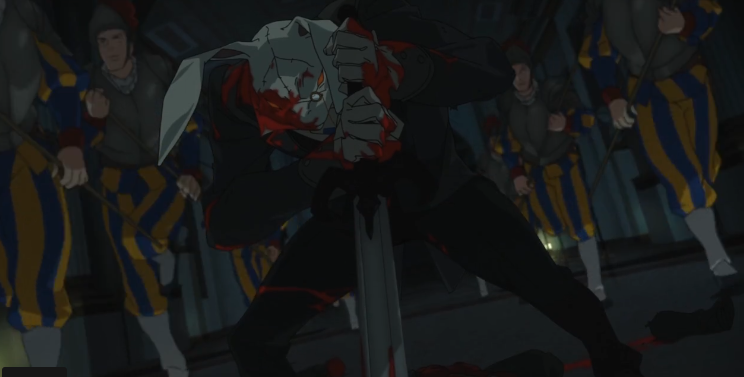 Кадр из аниме. Демон Заяц крадёт меч Спарды и учиняет расправу