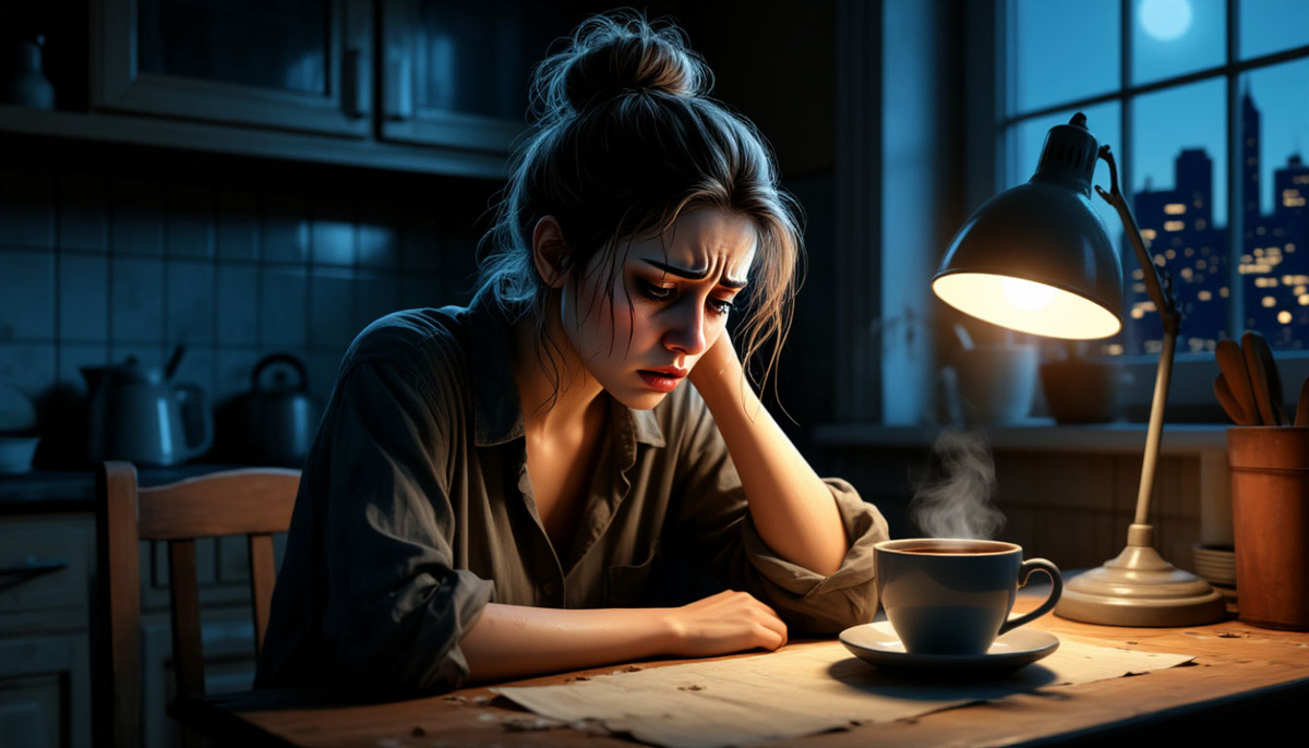 Марина, сидящая за столом, в измученном виде.