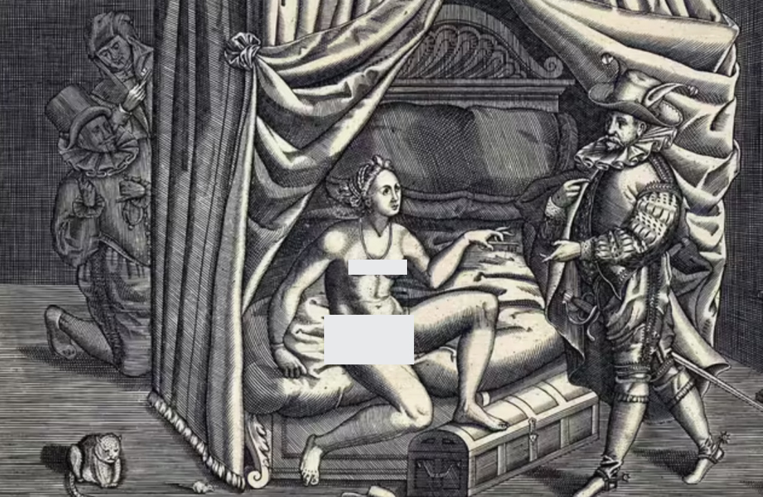 На этой немецкой карикатуре 16 века изображена женщина с поясом верности. Перед ней стоит муж, а за кроватью - любовник, который держит ключ от ее пояса.