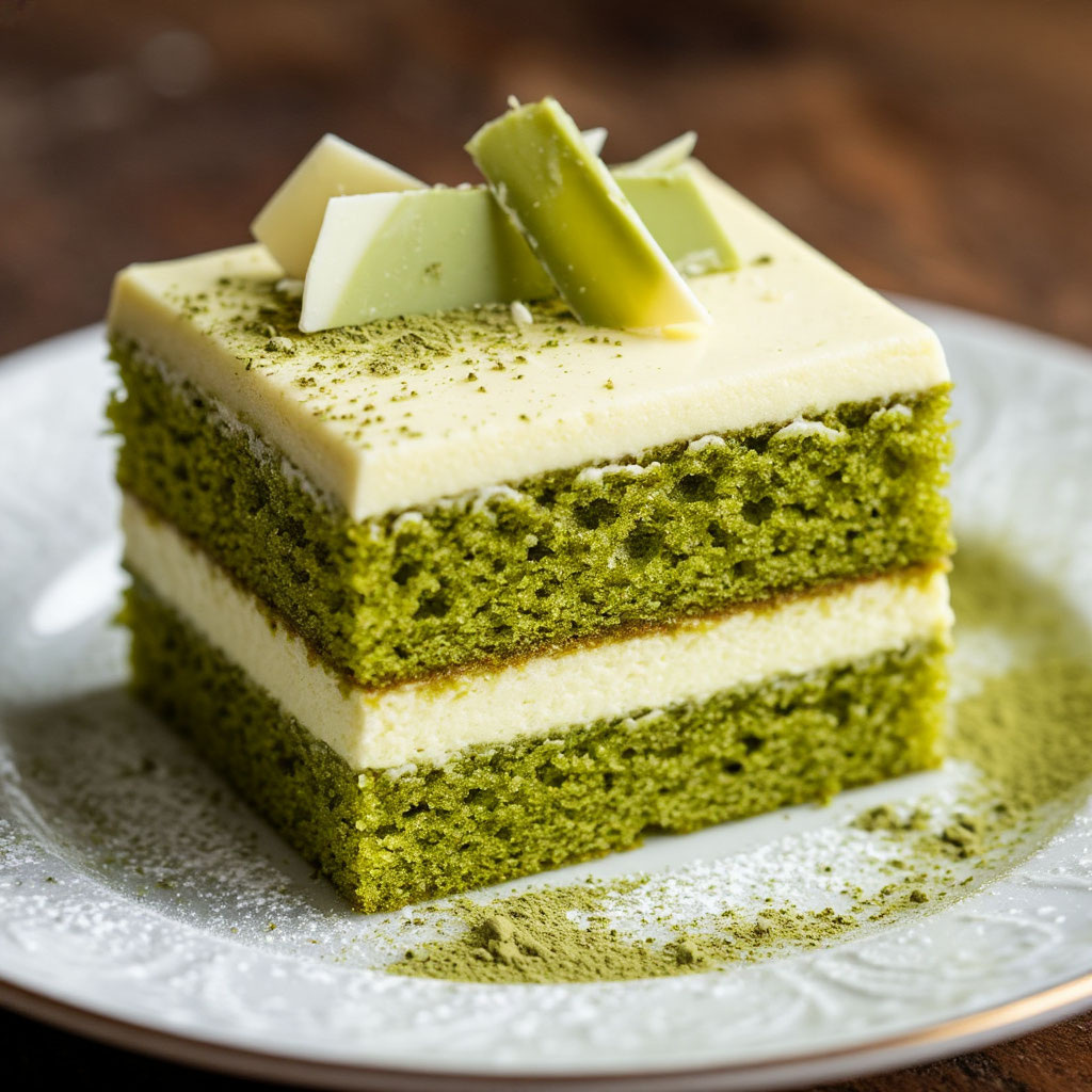 Торт с зеленым чаем и белым шоколадом". Этот торт сочетает в себе нежный вкус матча и сладость белого шоколада, создавая уникальное сочетание!