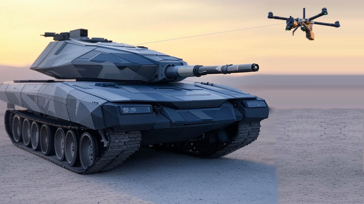 Танк будущего с дроном на оптоволокне. Картинка сгенерирована нейросетью.