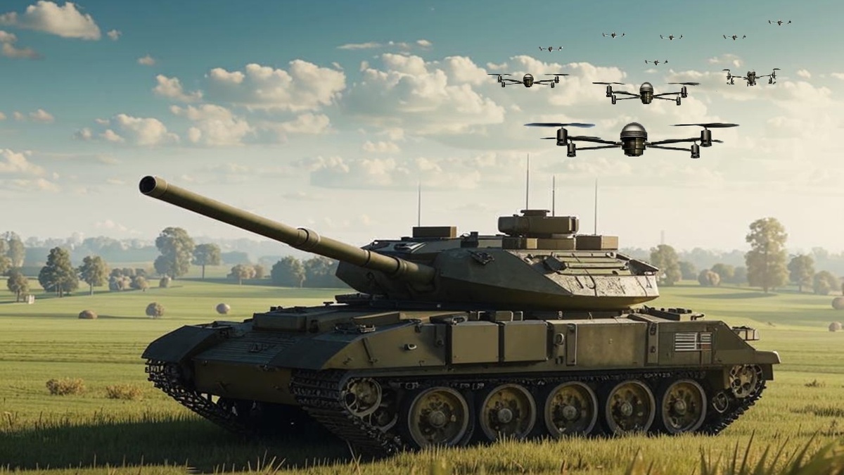 Танк будущего с роем FPV-дронов-камикадзе. Картинка сгенерирована нейросетью.