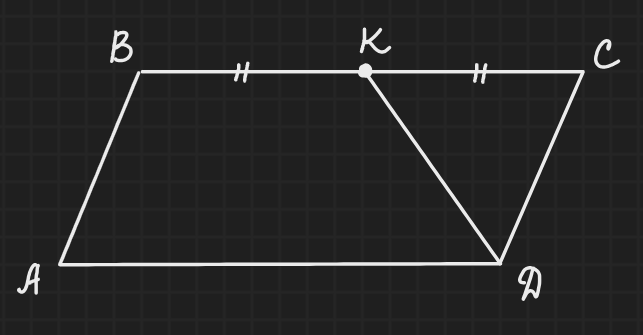 Точка К - середина ВС, значит делит сторону ВС пополам. Это мы показали двойными штрихами.