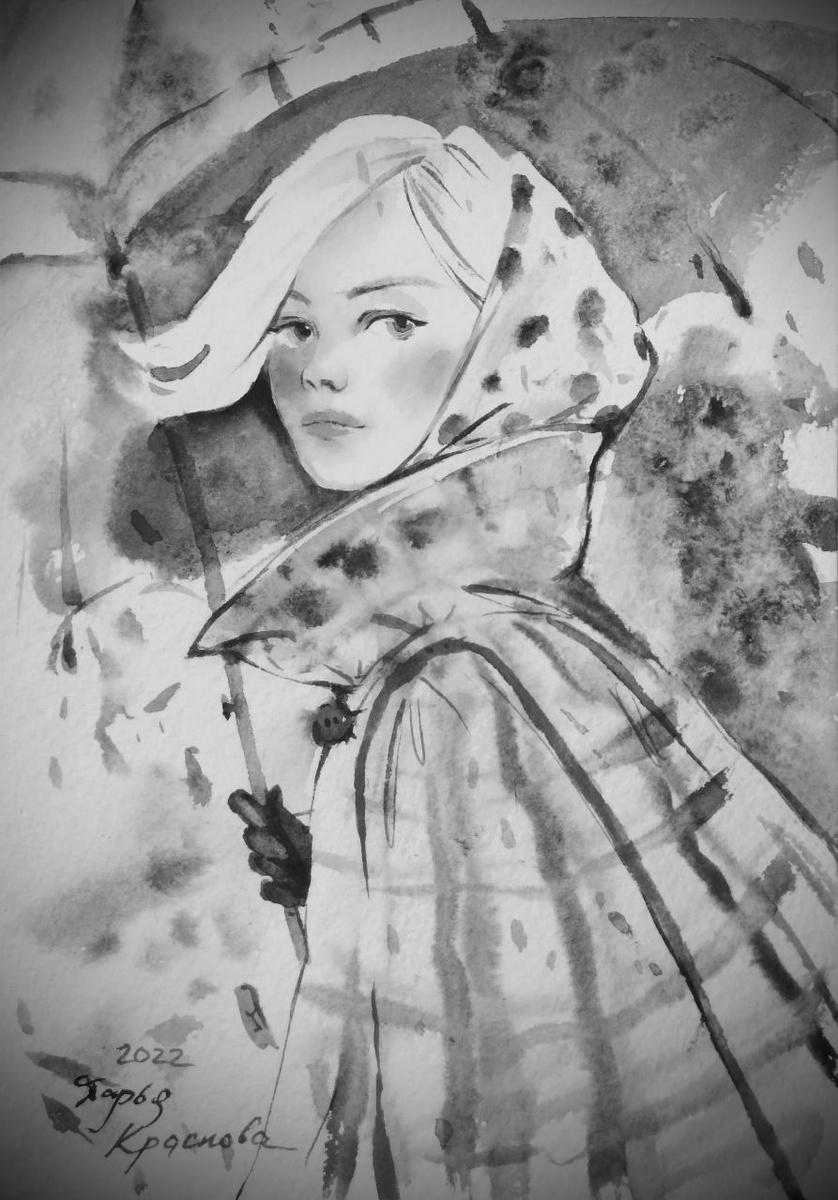 Коллаж мой в черно-белом варианте из картины Дарьи Красновой «Навстречу дождю», 2022, ТГ канал https://t.me/Daria_Krasnova163