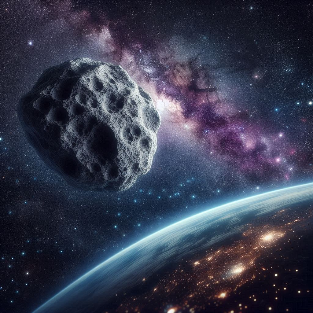 Иллюстрация пролета астероида 2024 YR4 мимо Земли в 2032 году. Изображение сгенерировано ИИ Copilot