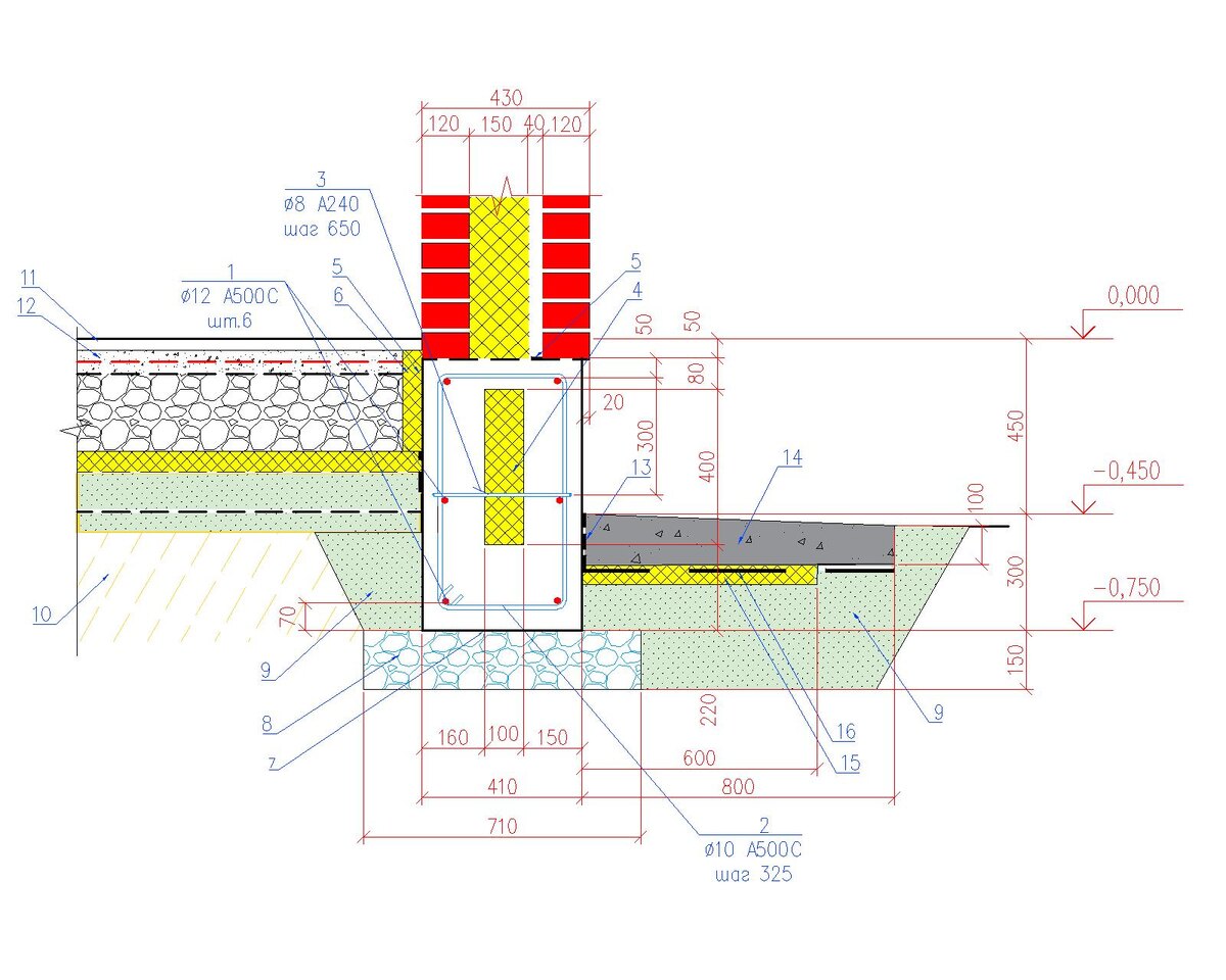 Рис. 1. Деталь ленточного фундамента. 
1,2, 3-армирование фундамента из бетона В22.5 W6 F200 ; 4- экструзионный  пенополистирол  XPS – 100х400х500 через 150 мм; 5- гидроизоляция; 6-- экструзионный  пенополистирол  XPS – 50 мм; 7-- полиэтиленовая  плёнка толщ. 200 мкм; 8-щебень гранитный фракции 20-40 мм толщ. 150 мм с уплотнением; 9- среднезернистый песок с уплотнением ; 10-уплотненный грунт; 11-покрытие пола; 12-- цементно-песчаная стяжка с армированием-60 мм; 13-  три слоя стеклоизола насухо; 14-  отмостка из бетона В22.5 W6 F150 ; 15- экструзионный  пенополистирол  XPS – 50 мм; 16- полиэтиленовая  плёнка толщ. 200 мкм;

