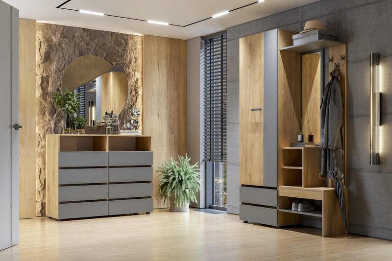 Модульная прихожая Абрау графит серый - дуб золотой