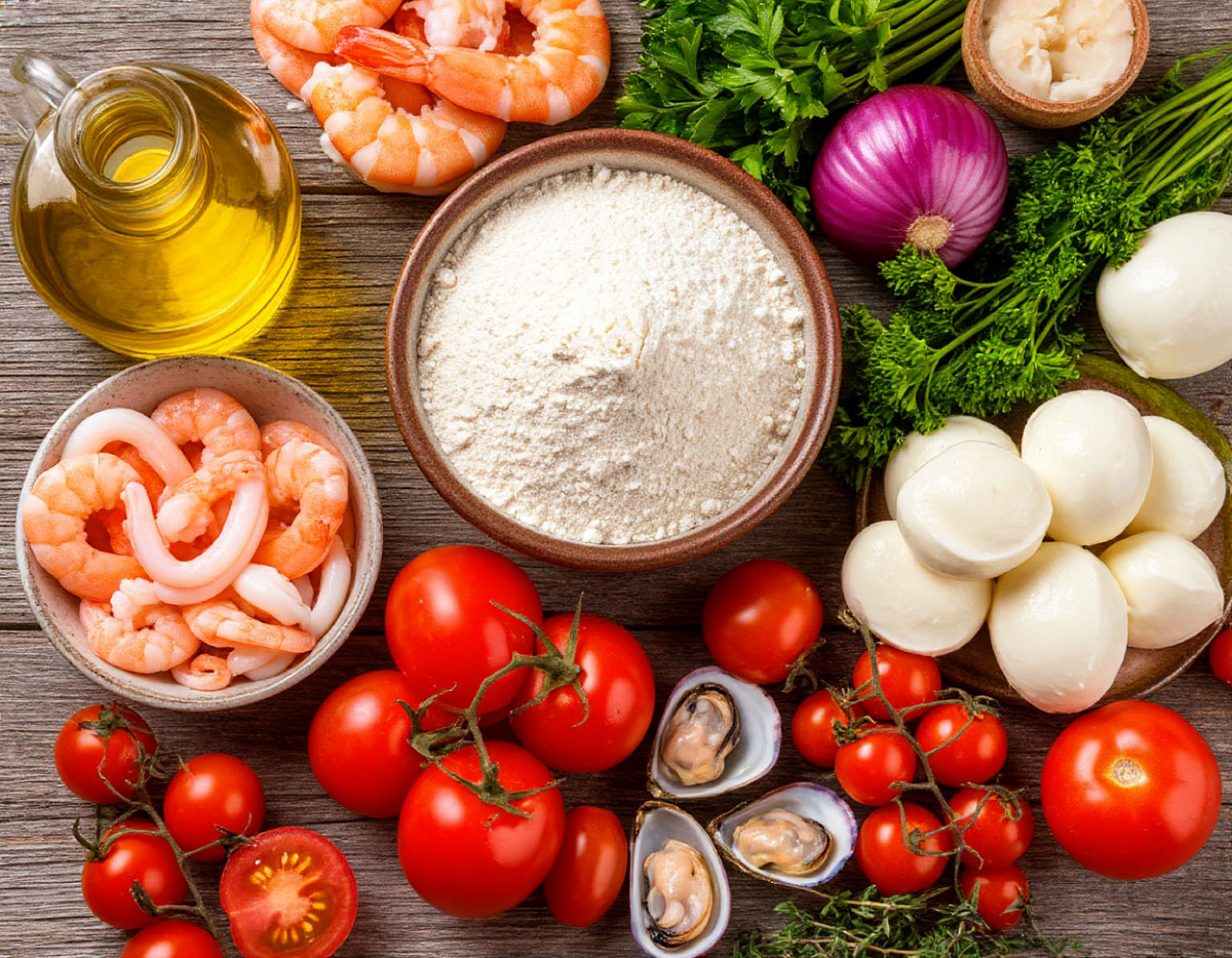 Ингредиенты для приготовления пиццы с морепродуктами.