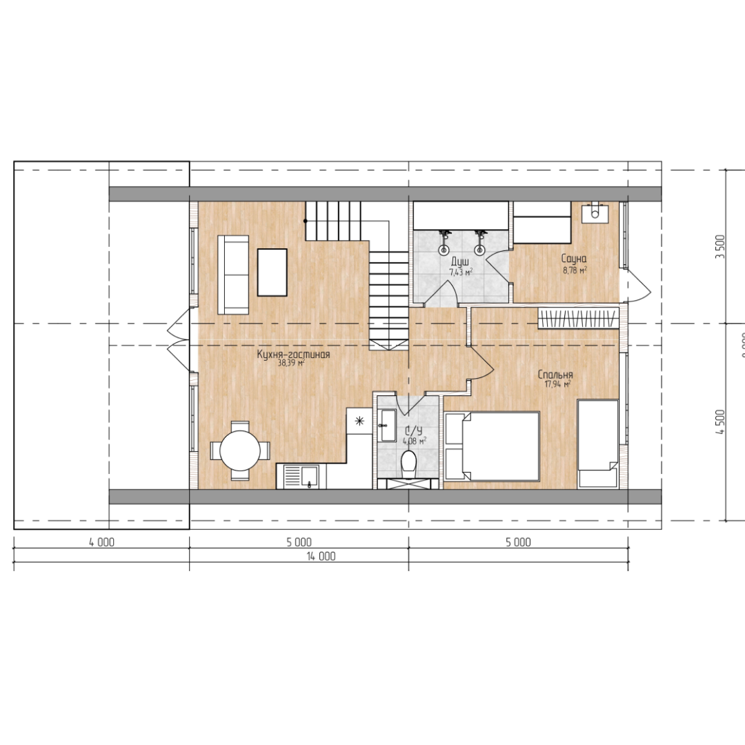 Например, в доме “А-Фрейм” кухня-гостиная находится ближе ко входу и террассе, а спальни расположены в дальних частях дома. 