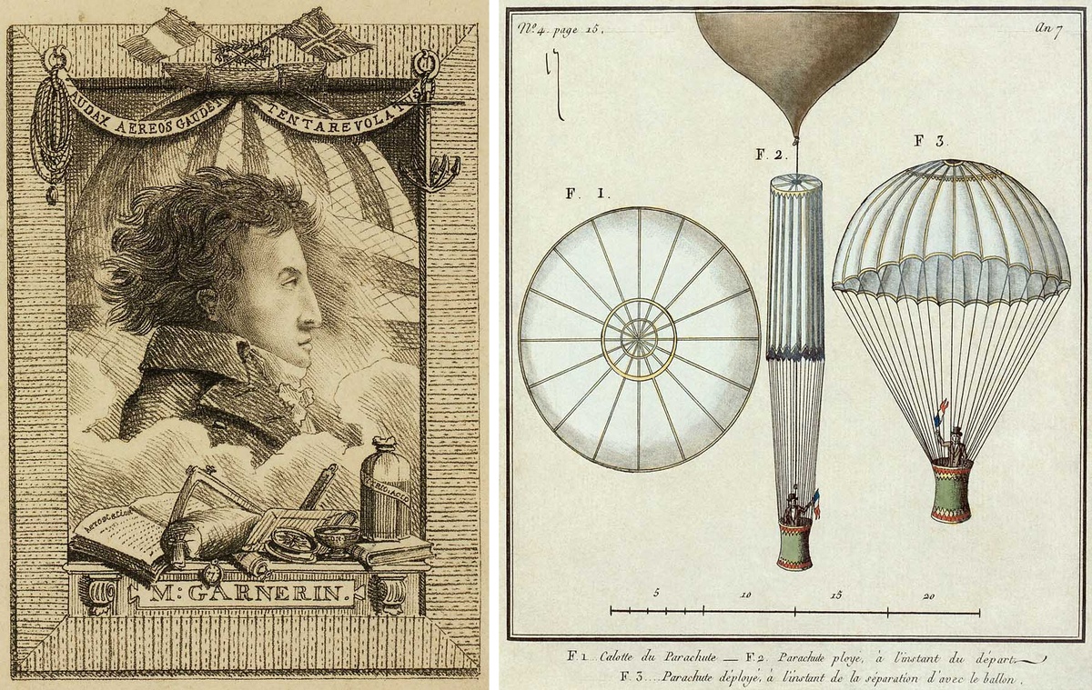Воздухоплаватель Жак Гарнерен и его метод спуска на парашюте.