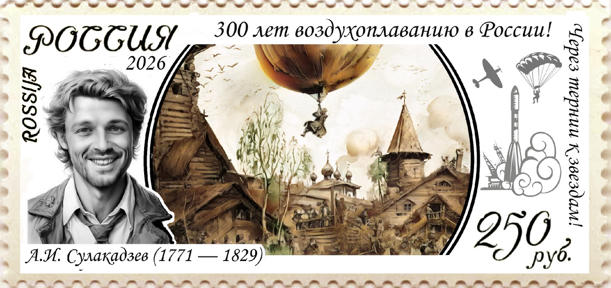 Эскиз марки, посвященной первому полёту на шаре 1731 года в Рязани по свидетельству А.И. Сулкакадзева и его деда С.М. Боголепова, а также первому прыжку с парашютом 1803 года.