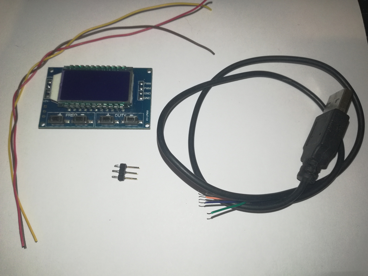 Компоненты для сборки тестера: провода цветные гибкие, ШИМ-генератор,  гребенка 3-пин, USB-штекер с проводом. #diy #тестер