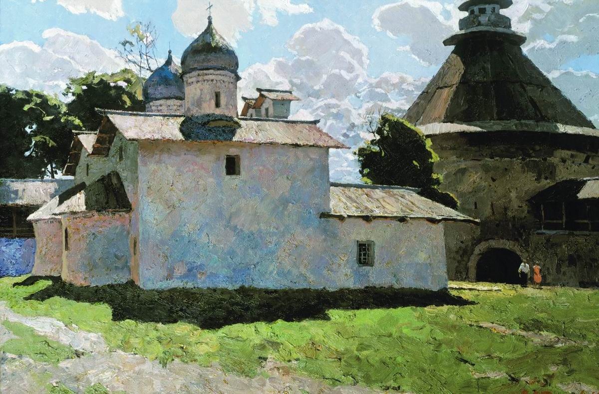 "Псков. Покровская церковь", 1969 год. Холст, масло 85 х 120 см. Брянский областной художественный музейно-выставочный центр