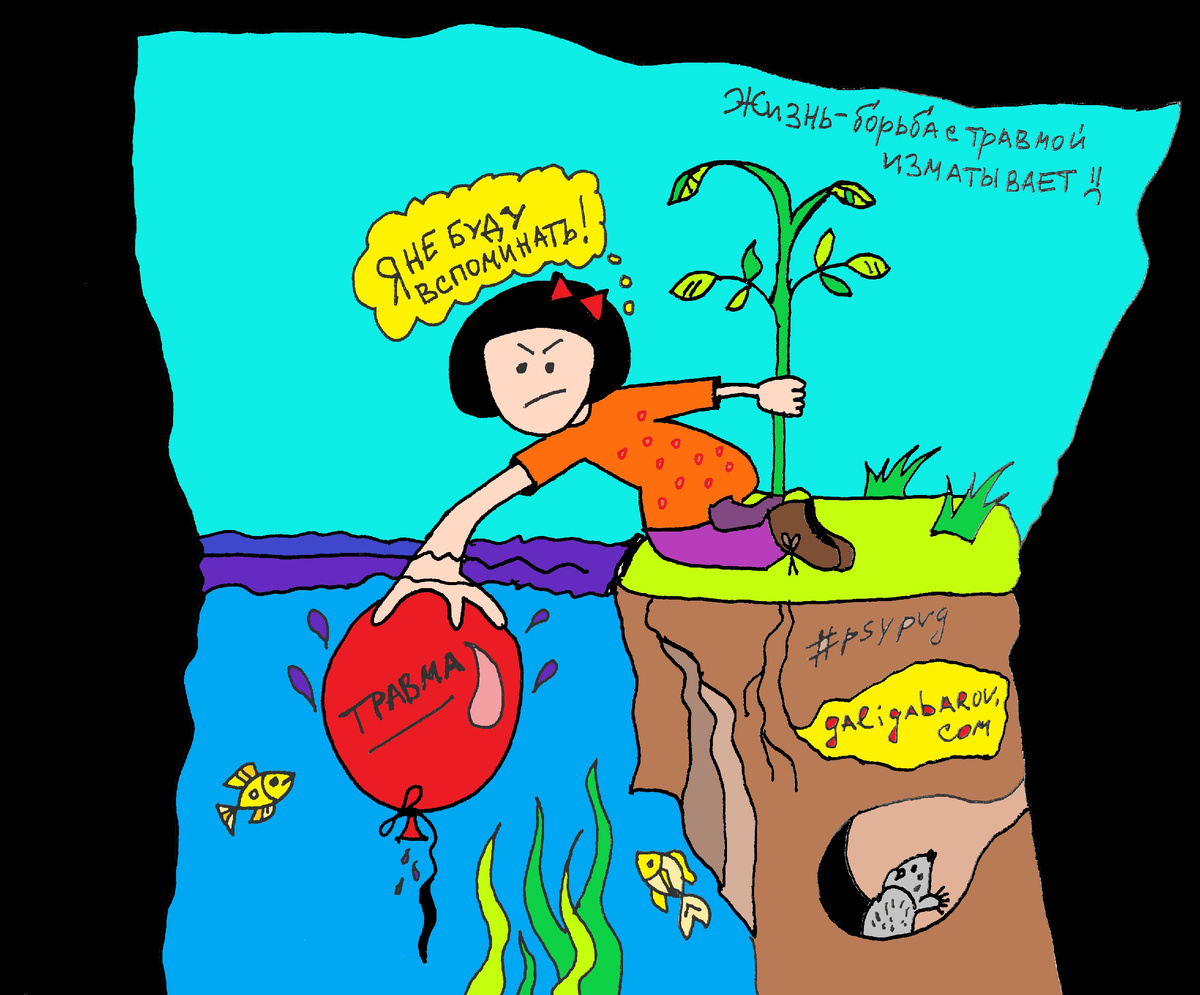 Эту иллюстрацию я  (Пётр Галигабаров) нарисовал для материала про подавление последствий травмы и вот она пришлась "ко двору" в эту статью. На второй картинке про мужчин, которые подавляют и не принимают собственные эмоции и не осознают их причины.