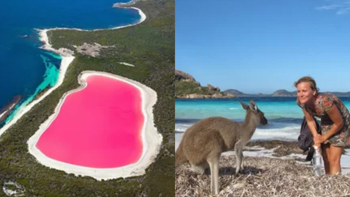 Слева - озеро необычного цвета в Австралии