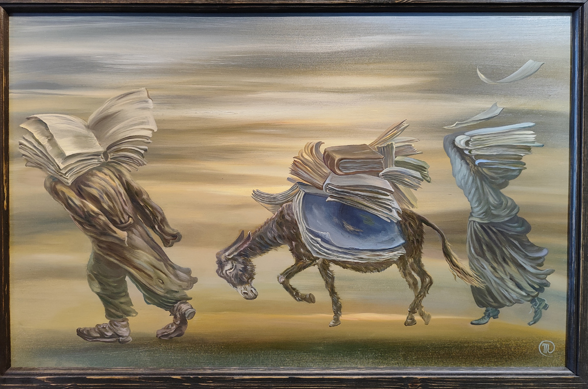 Художник: Мария Турина "Изгнание книгочеев", 2025. Оргалит, масло