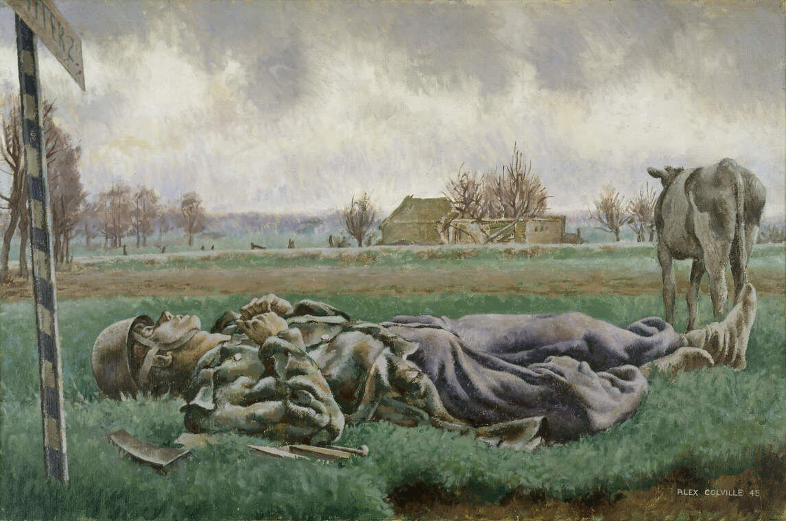 Алекс Колвилл, "Трагический пейзаж", 1945, холст, масло, 61 х 91 см, Коллекция военного искусства Бивербрука, Канадский военный музей, Оттава. "Я помню парашютиста, лежащего на поле боя в Девентере," - вспоминал Колвилл в 1980 году, - "Ему было около двадцати. Немцы сражались до самого конца; они отчаянно сопротивлялись, пока все не погибли."