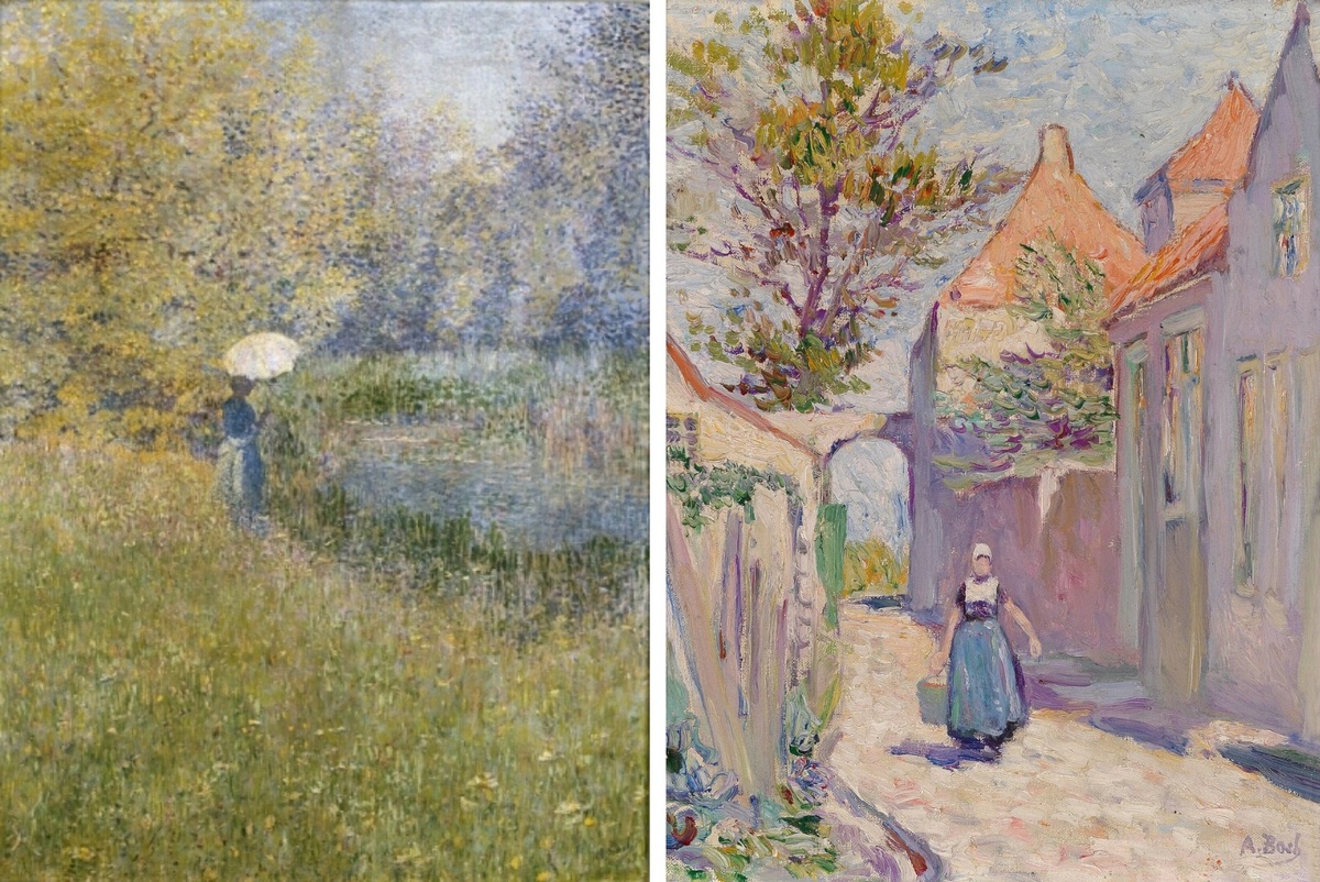 Анна Бох, Женщина в пейзаже, 1890-1892. Музей Стеделийк, Амстердам. Справа: Анна Бош. Водоноска. Частная коллекция