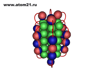 Анимация ядра изотопа железо 56Fe26 в 8 валентном состоянии.