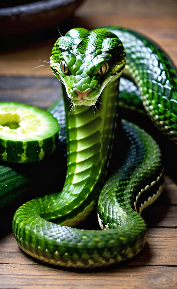 Что будет, если скрестить змею, огурец и кота? По мнению нейросети - вот это :)
