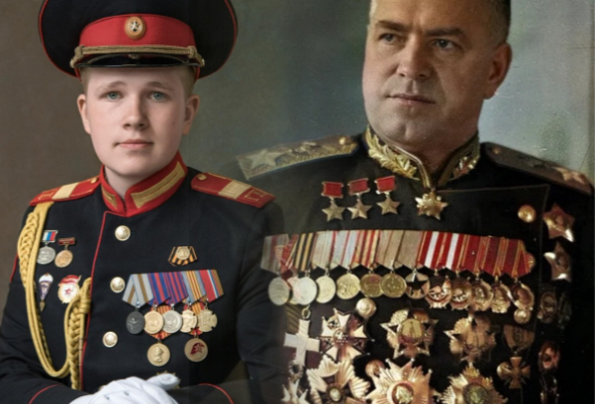 Первый кавалер ордена Суворова I степени маршал Советского Союза Жуков и его правнук, 17-летний Степан, кадет кадетского класса  Московской школы имени Г.К. Жукова..