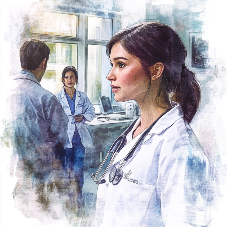 Женщина-врач стоит на переднем плане, за её спиной — два врача в обсуждении. Иллюстрация передаёт момент, когда голос внутри становится голосом профессионала.

