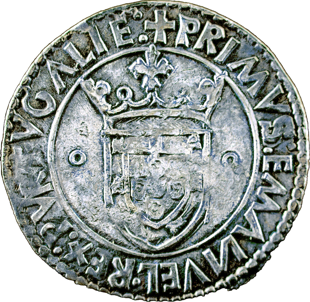 Королевство Португалия - индио (⅓ тостао) Мануэла Первого без даты (приблизительно 1499-1504 годов выпуска), отчеканенного из серебряного сплава 917 пробы (масса монеты - около 3,3 граммов, диаметр - примерно 26 миллиметров). Экспонат из коллекции Национального исторического музея Бразилии