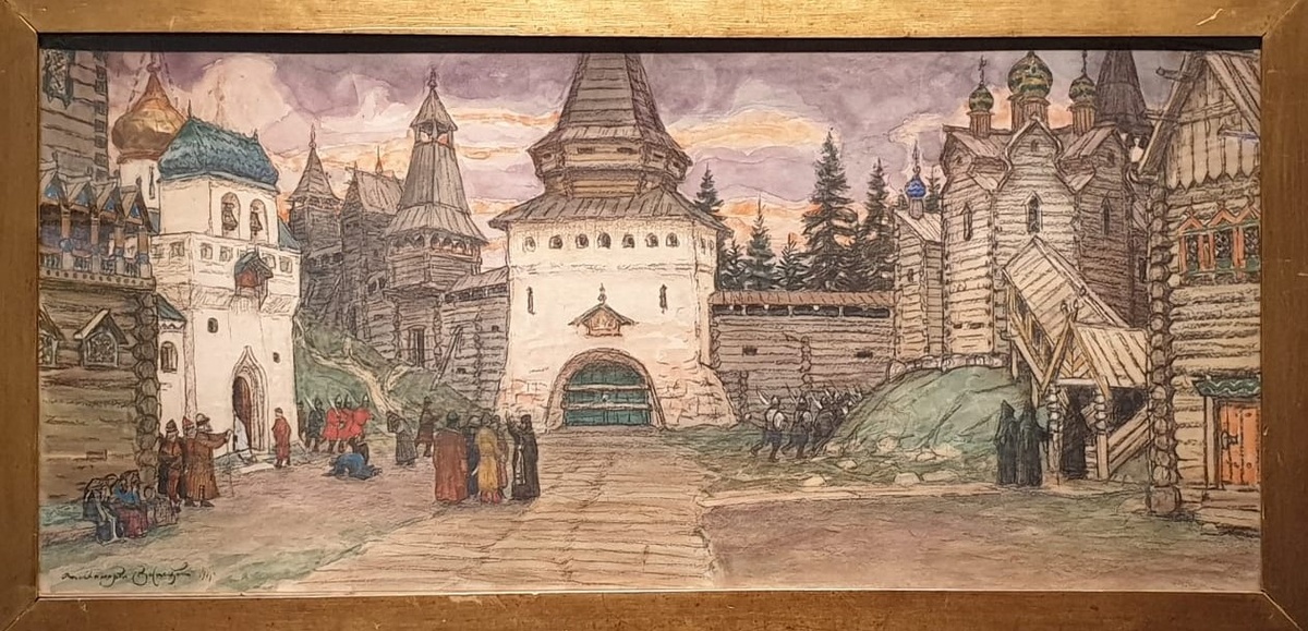 А.М.Васнецов Площадь в Китеже Эскиз декорации к кантате С.Василенко :"Сказание о граде великом Китеже и тихом озере Светояре" 1903, бумага, акварель, пастель