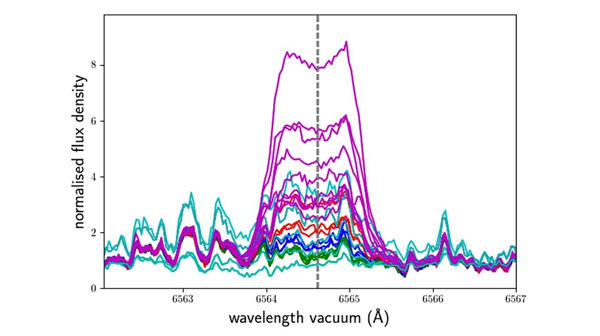 На графике показано, как меняется излучение водорода (линия Hα) в атмосфере звезды Тигардена в спокойном состоянии и во время вспышек. Учёные выделили три уровня активности: от слабой (зелёные отметки) до выраженной (красные), а сами вспышки обозначены малиновым. Некоторые линии выглядят необычно — словно растянуты или раздвоены (голубые отметки), что может указывать на мощные выбросы плазмы. Измерения проводились в строгих диапазонах, чтобы исключить помехи, а погрешности данных минимальны.    
 Источник: astro-ph.SR / arXiv:2504.02338  📷
