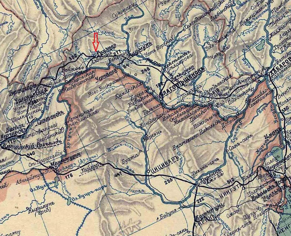 © public domain (Линия Сковородино (тогда Рухлово) – Рейново на карте Министерства путей сообщений Российской империи, 1916 г.)