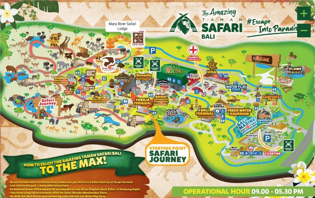 Карта сафари парка Bali Safari & Marine Park, отель находится наверху, рядом с рестораном