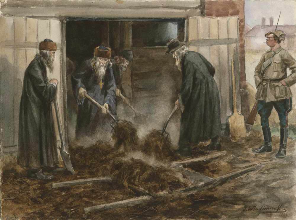 Духовенство на трудовой повинности (по очистке конюшен). 1918.