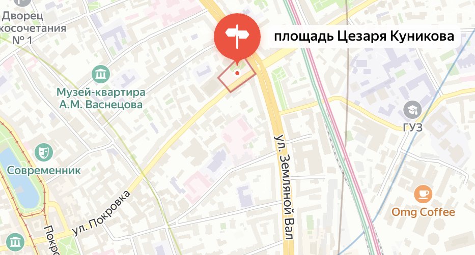 Площадь Цезаря Куникова на карте современной Москвы. Яндекс.Карты.