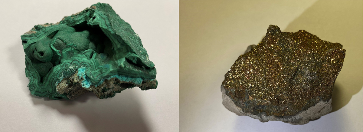 Малахит, Cu₂CO₃(OH)₂, Конго, 6х4х3см. Халькопирит, CuFeS₂, Туркменистан, 5х3х3см. Коллекция Московского Планетария.