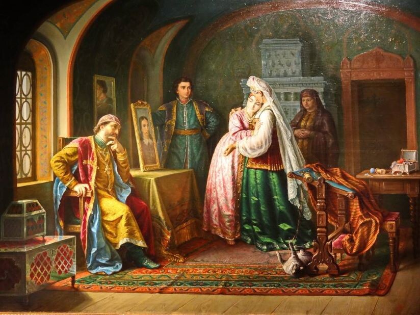 Годунов показывает своей дочери Ксении портрет жениха. Художник С. Грибков