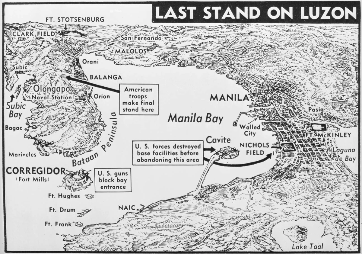 Войска армии США на Лусоне, 1942 г. Карта войск связи армии США, показывающая расположение американских войск на Лусоне, Филиппины, в 1942 г.