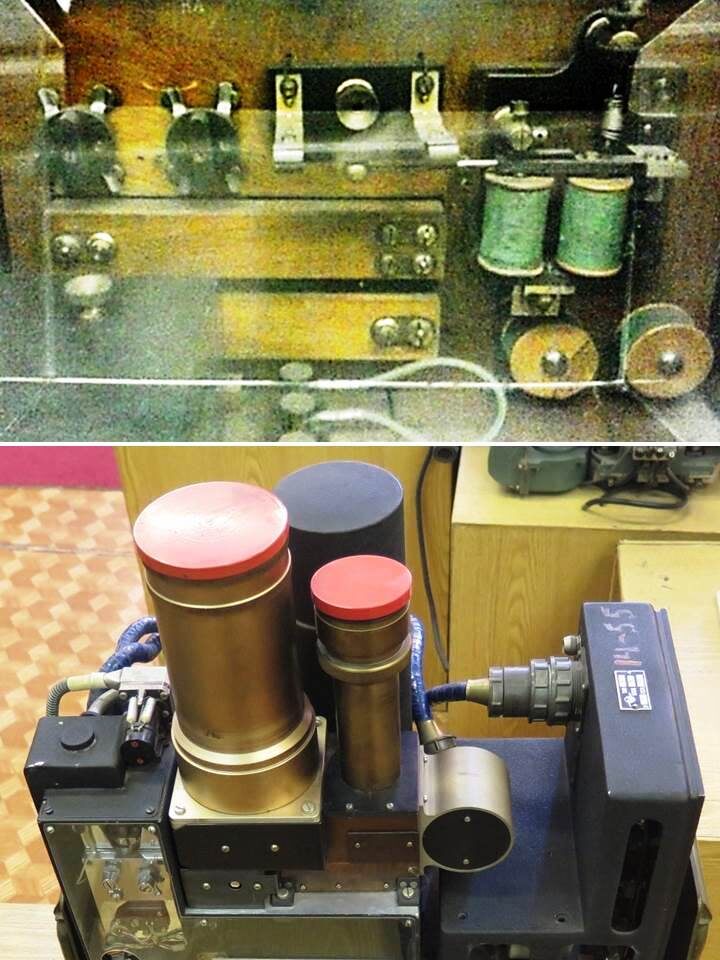 Макет первого радиоприёмника А. Попова, 1895 г. (наверху) и фототелевизионное устройство "Енисей", с помощью которого получены первые в истории снимки обратной стороны Луны. 1959 г. (снизу)