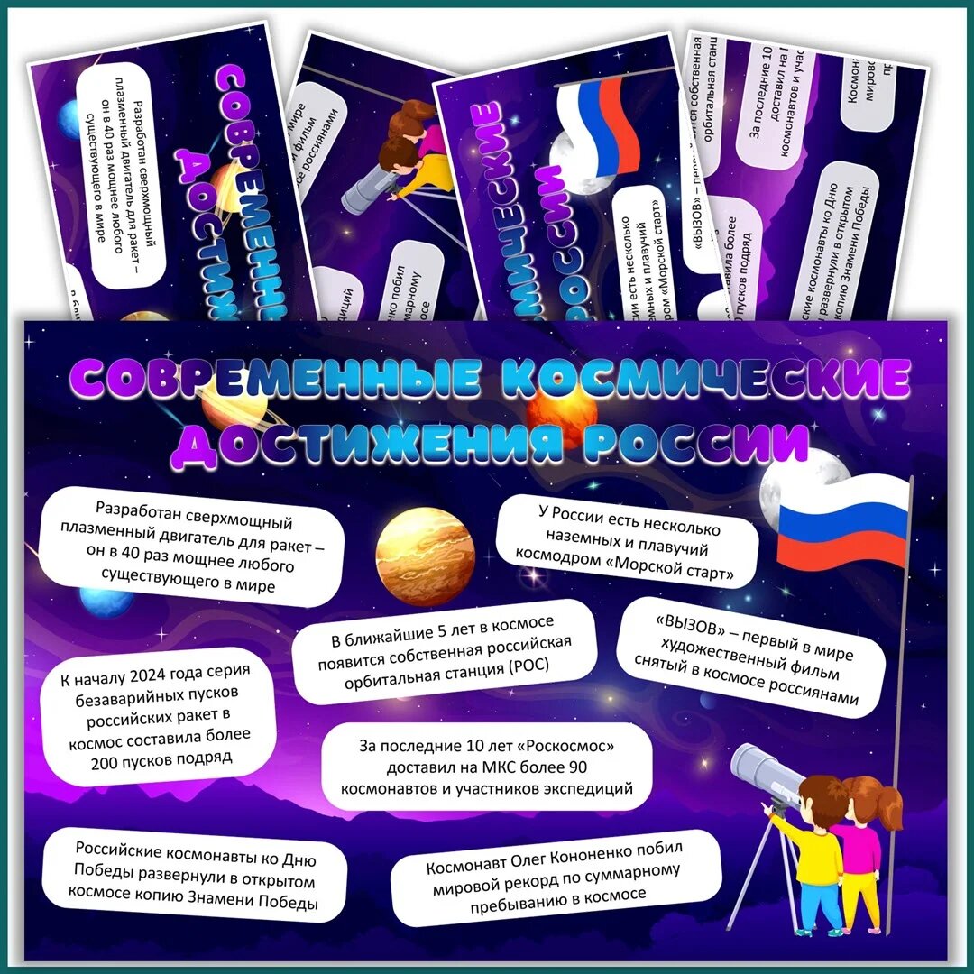 Шаблон большого плаката с современными достижениями России в космосе.
