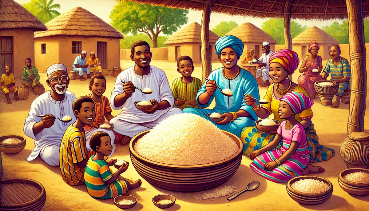 Жирный рис на деревенском застолье в Буркина-Фасо (сгенерировано DALL-E)