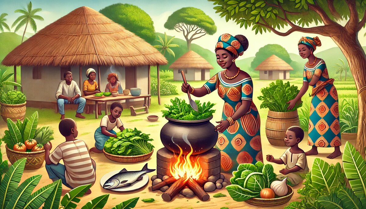 Приготовление бабенды всей семьёй в деревне (сгенерировано DALL-E)