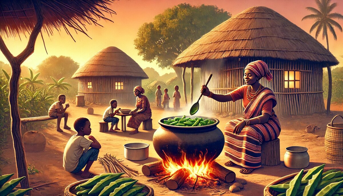 Приготовление соуса из бамии в деревне (сгенерировано DALL-E)
