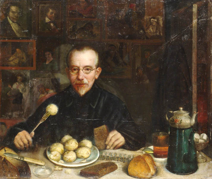 Юдель Пэн. Автопортрет за завтраком. 1932. Картон, масло. Национальный художественный музей Республики Беларусь, Минск. 