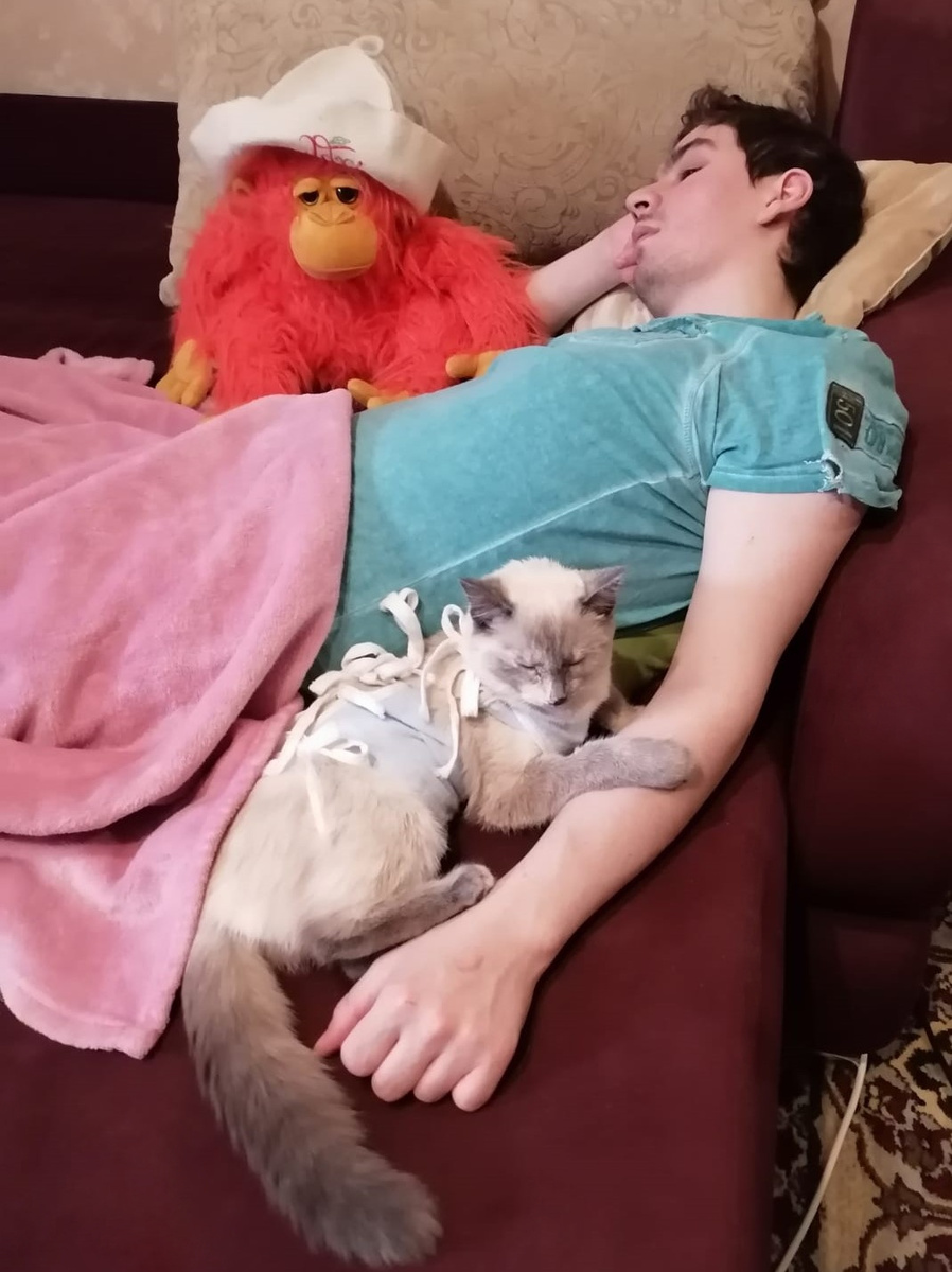 Фото автора. Устали "дети", прилегли отдохнуть. Вон и Джокер в шапочке для бани. И укус на руке у Серафима видно, который случился в конце прошлого года в службе занятости. А то пишут, что я всё придумала. 